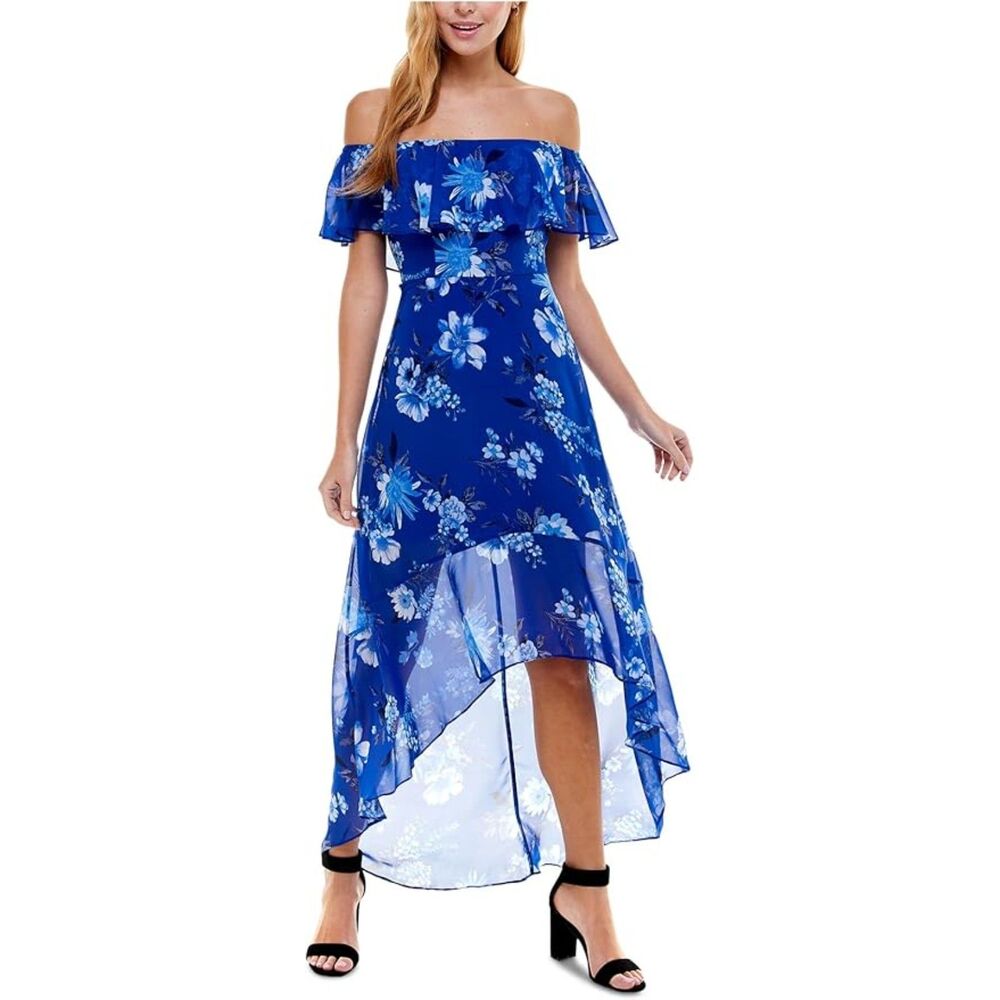 Crystal Doll Ruffle Chiffon Midi Dress Floral Off Shoulder Cocktail Hi Lo Blue S